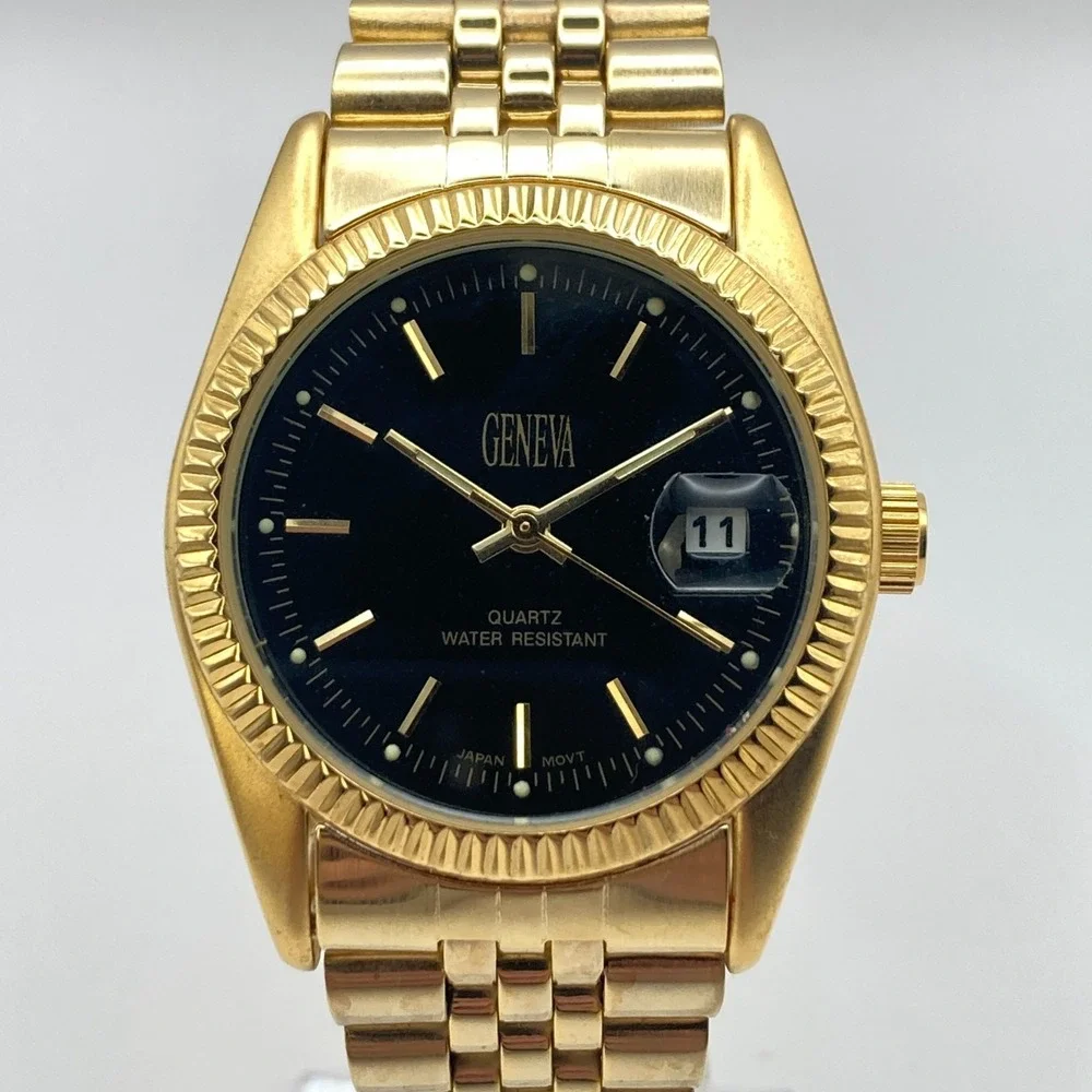 Geneva Men's Dress Watch 35mm Gold Tone Black Dial Date Bubble New Battery 7.75